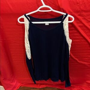VENUS Navy Blue Top with Cream Lace Accents